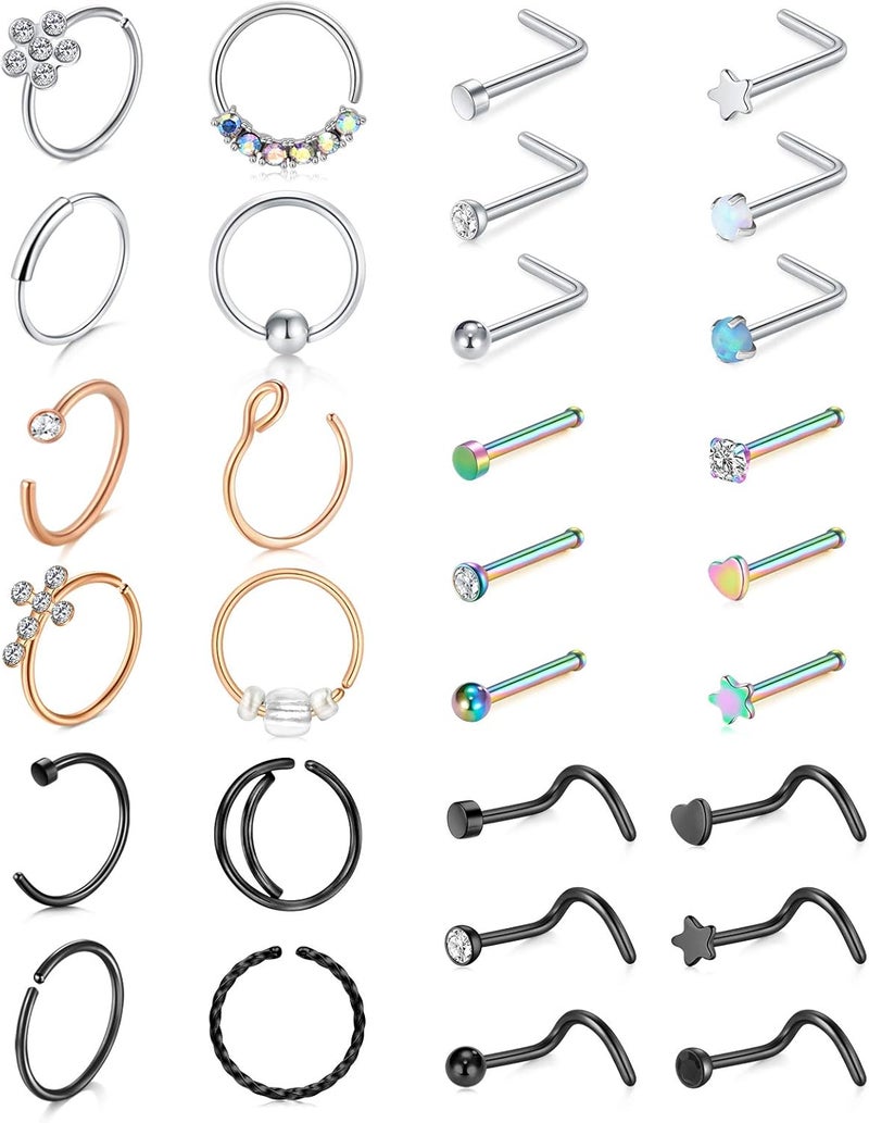 Mayhoop 20g Nose Rings Hoops And Studs For Women Men - Hypoallergenic 316L Surgical Stainless Steel L Shape Nose Screw Bone Silver Rose Gold Black Rainbow Pack 28Pcs - Image 1